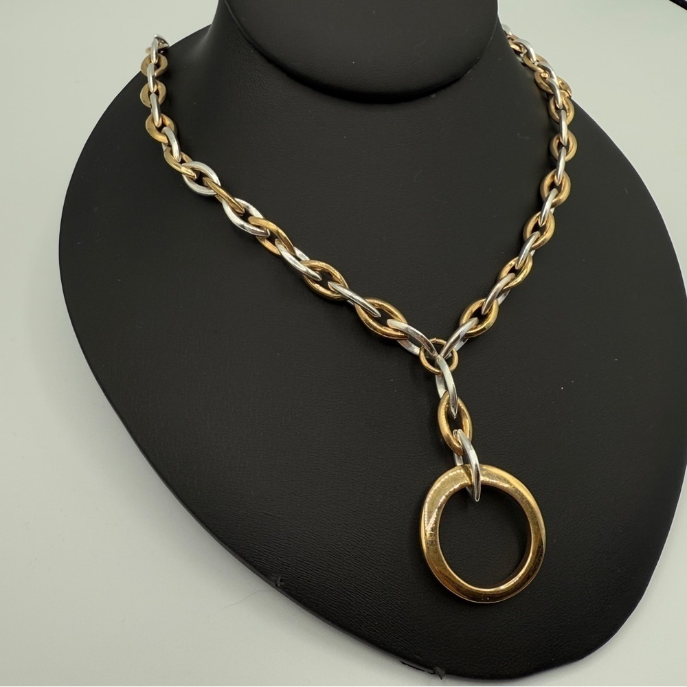 Geometric Two Tone Circular Pendant Necklace - Vintage 90s Glam Necklace